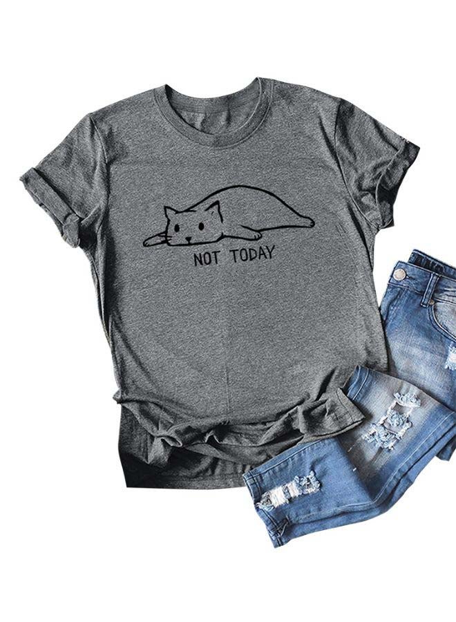 Cartoon Cat Print T-Shirt Grey  - Image 1