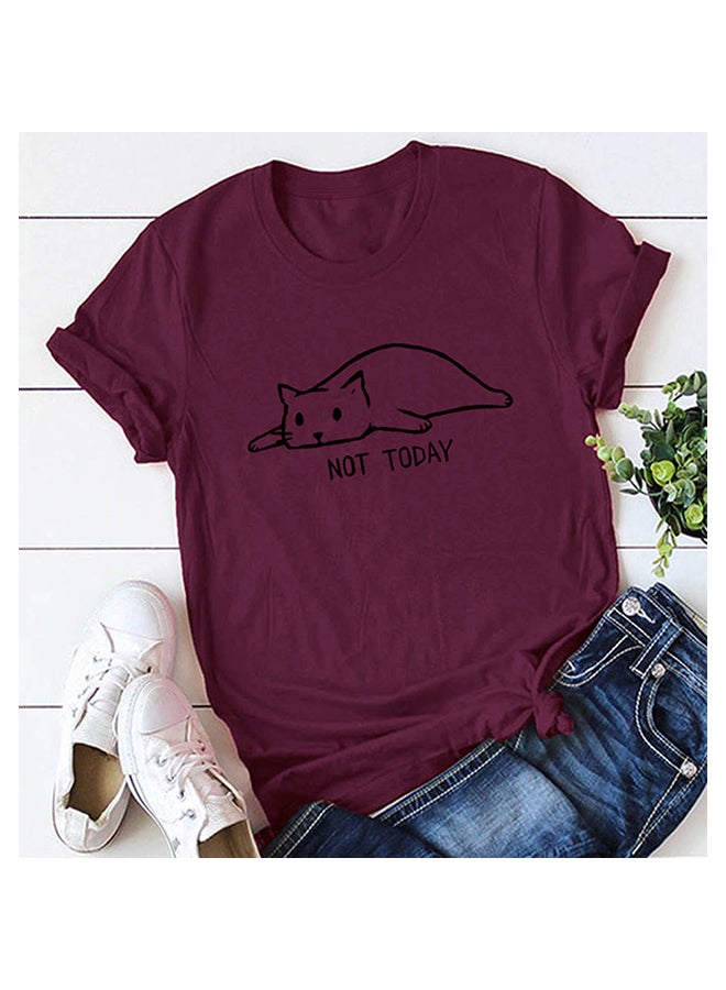 Cartoon Cat Print T-Shirt Burgundy 