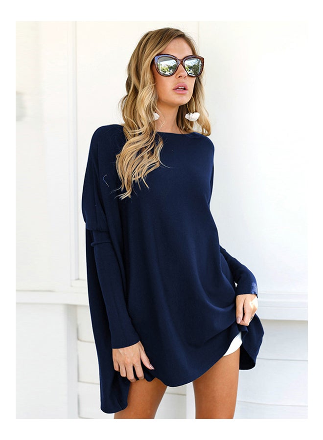 Flared Hem Oversized Tunics Tees Casual Top Dark Blue - Image 1