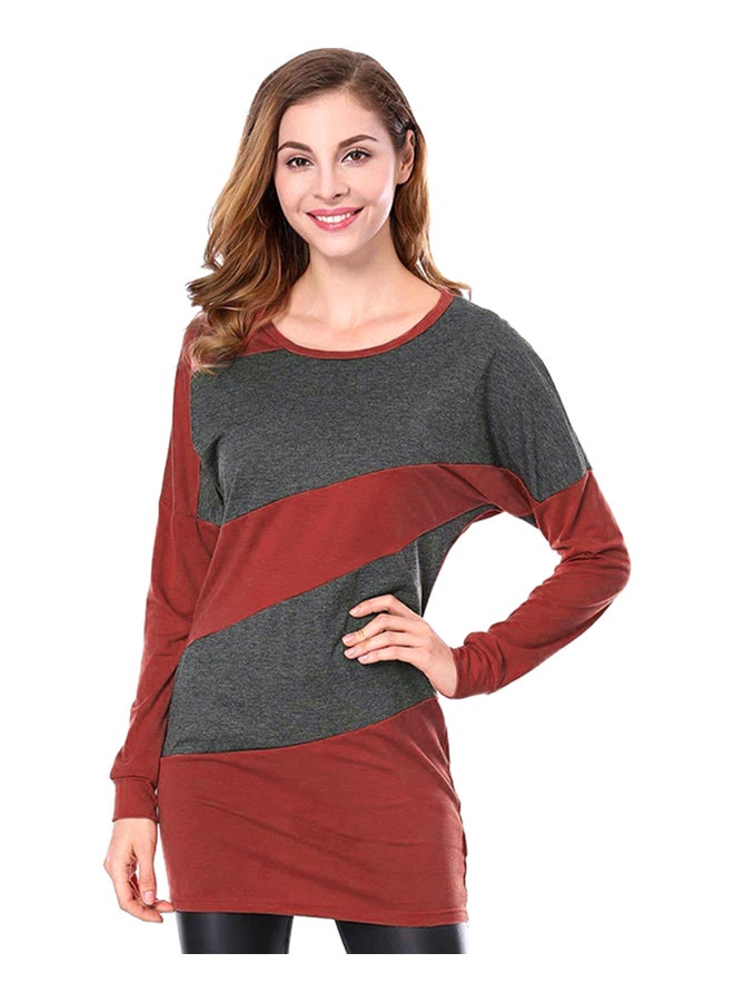 Autumn Long Contrast Colour Pullover Red/Grey 