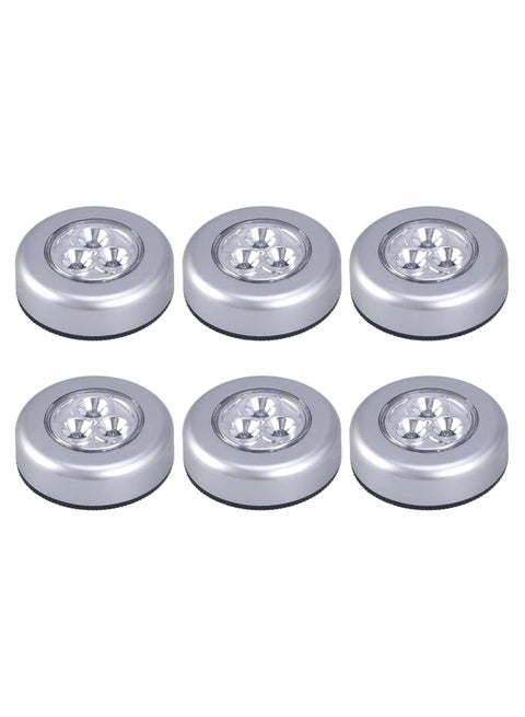 6-Piece LED Battery-Powered Wireless Stick-On Push Light Set Silver 6.8cm