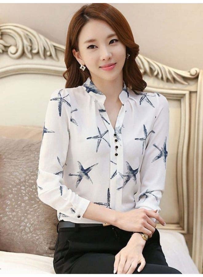Beauenty Women's Blouse Floral Long Sleeve V Neck Button Slim Shirt White/Blue  - Image 2