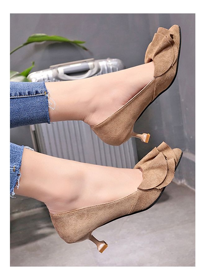Pointed Toe Ruffles Design Thin Heel Elegant Shoes Khaki 