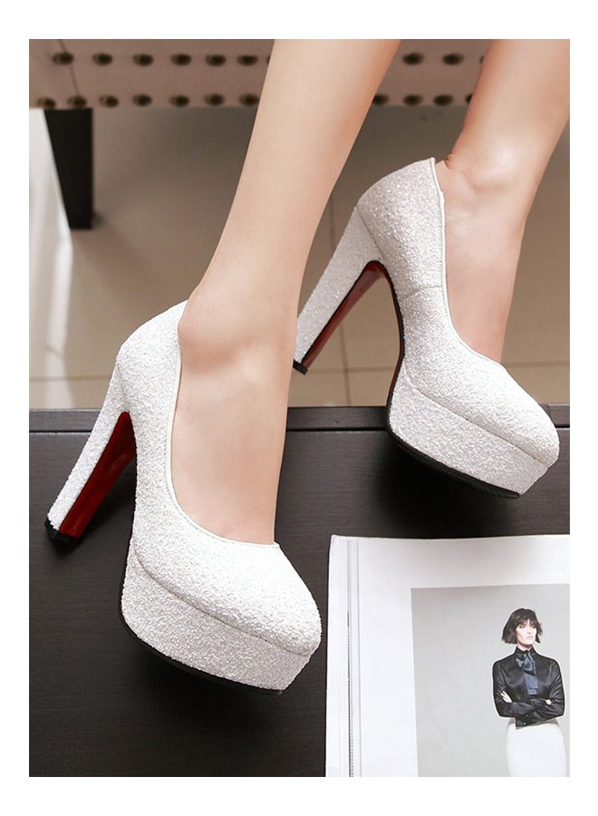 Sequined Design Platform High Heel Pumps White 