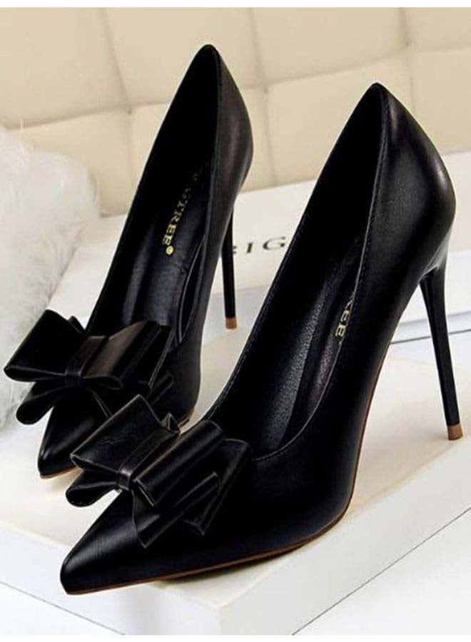 Generic - High-Heeled Pointed Toe Bow Shoes Black - Image 1