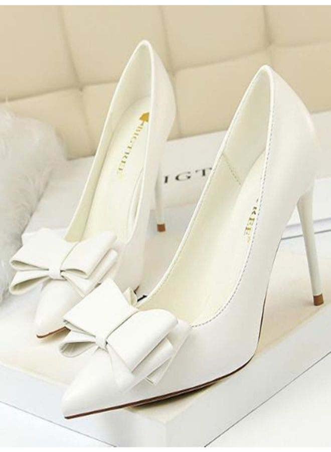 High-Heeled Pointed Toe Bow  Shoes White  - Image 2