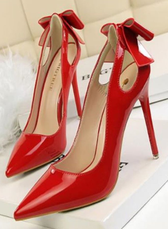 High-Heeled Bow Elegant Shoes Red - Image 1