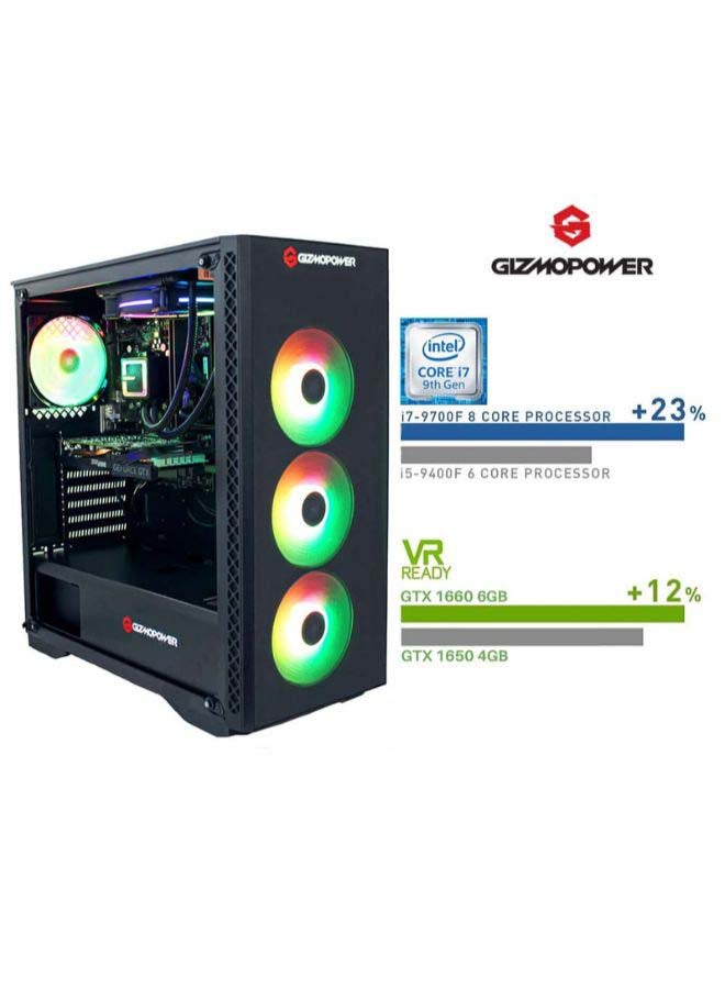 جيزموباور - جهاز كمبيوتر جيمنج تاور للألعاب مزود بمعالج كور i7/ ذاكرة رام 32 جيجابايت/محرك أقراص صلبة HDD سعة 1 تيرابايت+محرك أقراص صلبة Hybrid SSD سعة 256 جيجابايت/بطاقة رسوم إنفيديا جيفورس GTX 1650 سعة 6 جيجابايت مع كيبورد وماوس أسود - Image 1