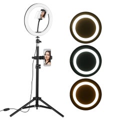 10 Inch Desktop LED 3 Lighting Modes Dimmable Video Ring Light Lamp With Phone Holder Ballhead Adapter Black