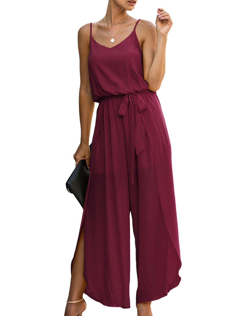 Generic - Casual Backless Jumpsuit Burgundy - Image 1