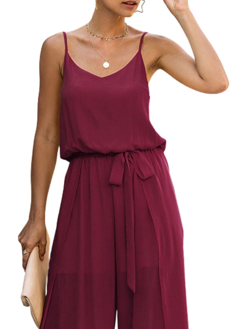 Generic - Casual Backless Jumpsuit Burgundy - Image 1