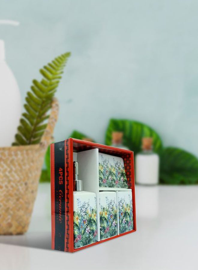 بابازام طقم إكسسوارات للحمام بطبعة زهور مكون من 4 قطع أبيض/رمادي/أصفر 22x21.5x7سم  - Image 5