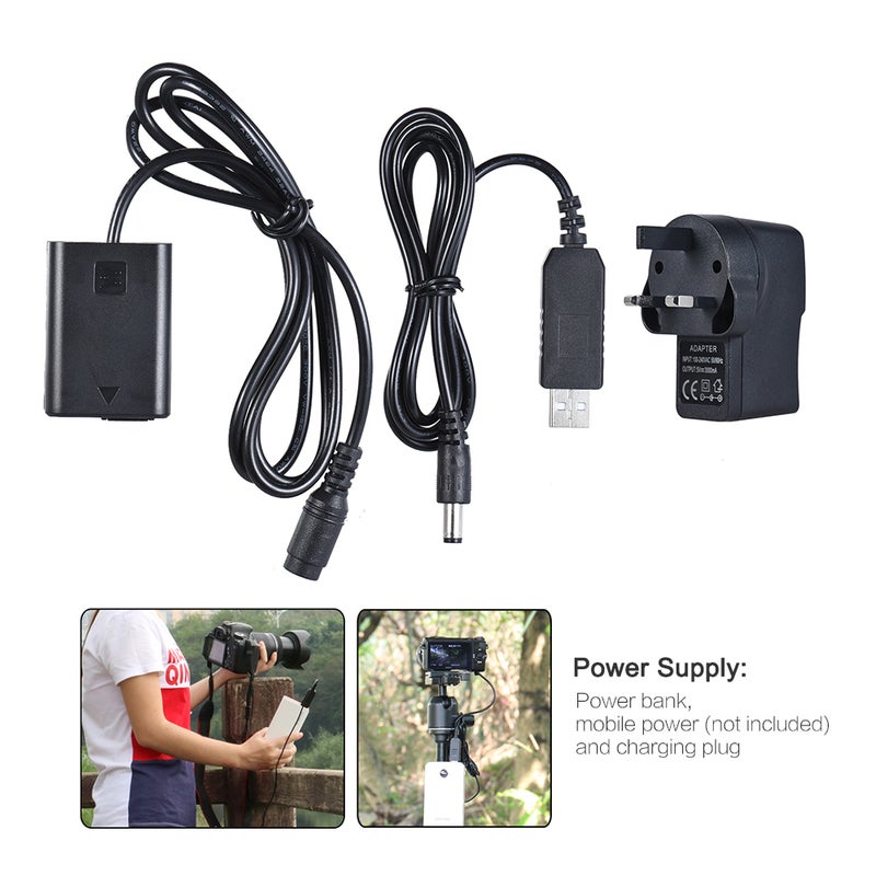ANDOER - NP-FW50 Dummy Battery + 5V 3A USB Power Adapter Cable With Power Plug Replacement Black - Image 1