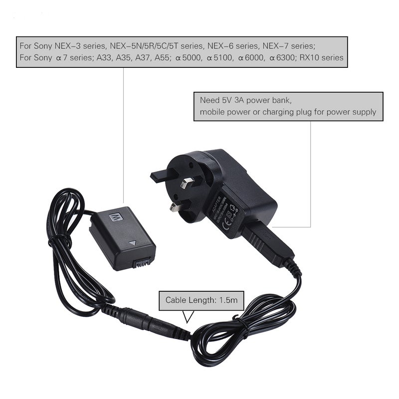 ANDOER - NP-FW50 Dummy Battery + 5V 3A USB Power Adapter Cable With Power Plug Replacement Black - Image 1
