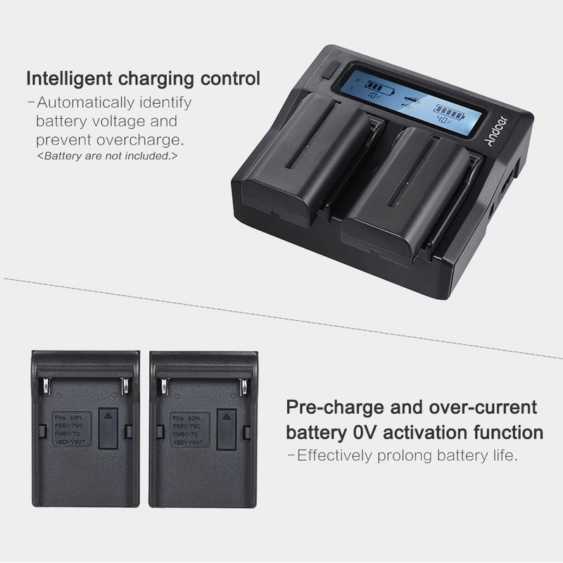Andoer NP-F970 Dual Channel Digital Camera Battery Charger Black - Image 2