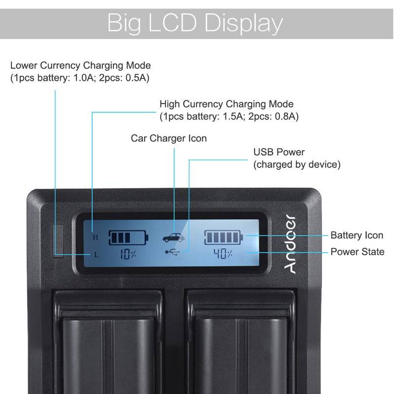 Andoer NP-F970 Dual Channel Digital Camera Battery Charger Black - Image 5