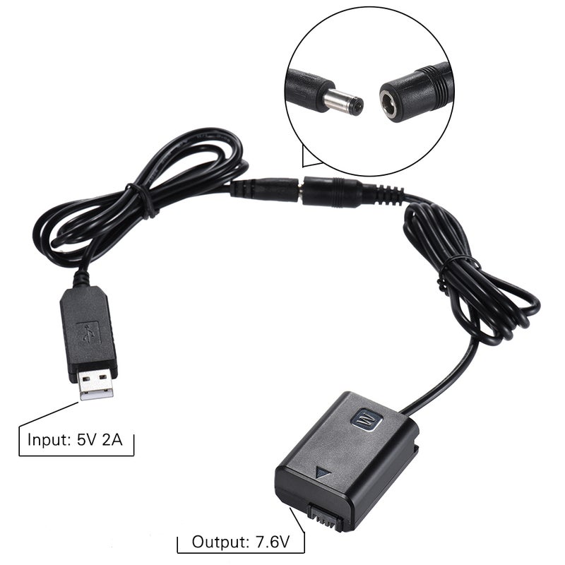 docooler NP-FW50 Dummy Battery + DC Power Bank (5V 2A) USB Adapter Cable Replacement Black  - Image 3