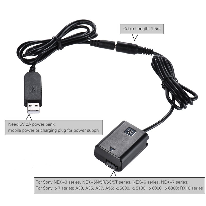docooler NP-FW50 Dummy Battery + DC Power Bank (5V 2A) USB Adapter Cable Replacement Black  - Image 2