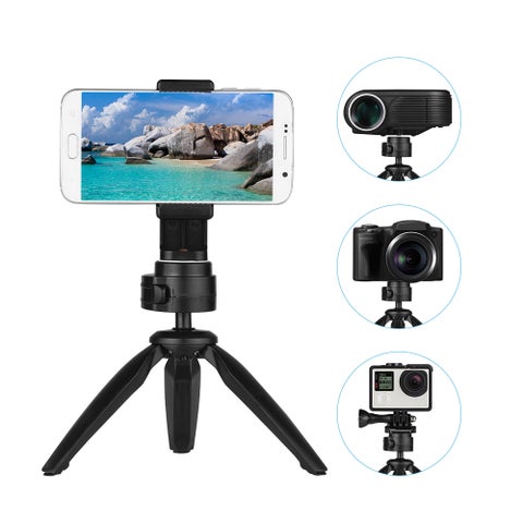 Folding Mini Tripod Stand With 360 Degrees Rotatable Ball Head Cellphone Clip Black