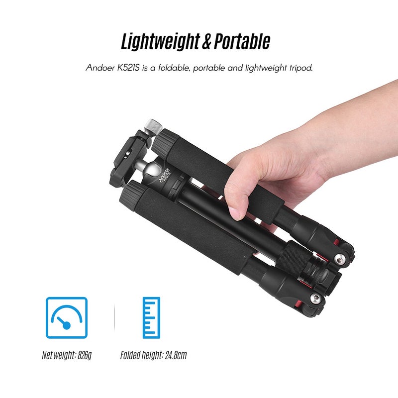 أندوير حامل ثلاثي القوائم K521S محمول بهيكل قابل للتمديد مصنوع من خليط الألومنيوم مكون من 5 أقسام مزوّد برأس كروي صغير أسود - Image 2