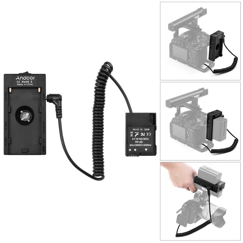 ANDOER NP-F970 F750 Battery Plate Holder Adapter With Dual USB Interface And EN-EL14 Dummy Battery Coupler Black - Image 3