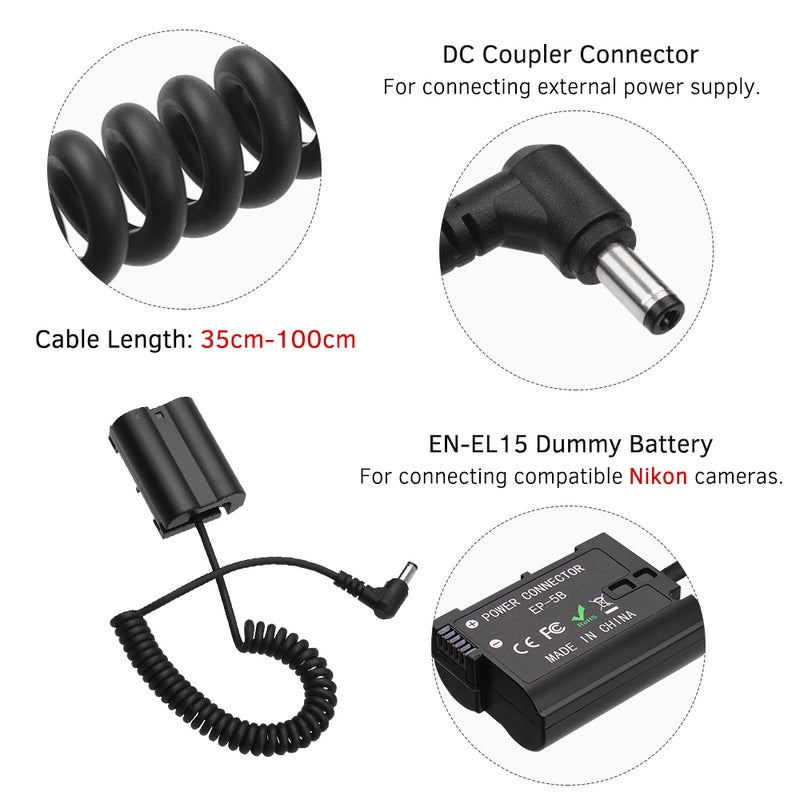 أندوير قارنة توصيل بطارية وهمية بديلة EN-EL15 بكابل لولبي بتيار مستمر لكاميرات نيكون أسود - Image 2