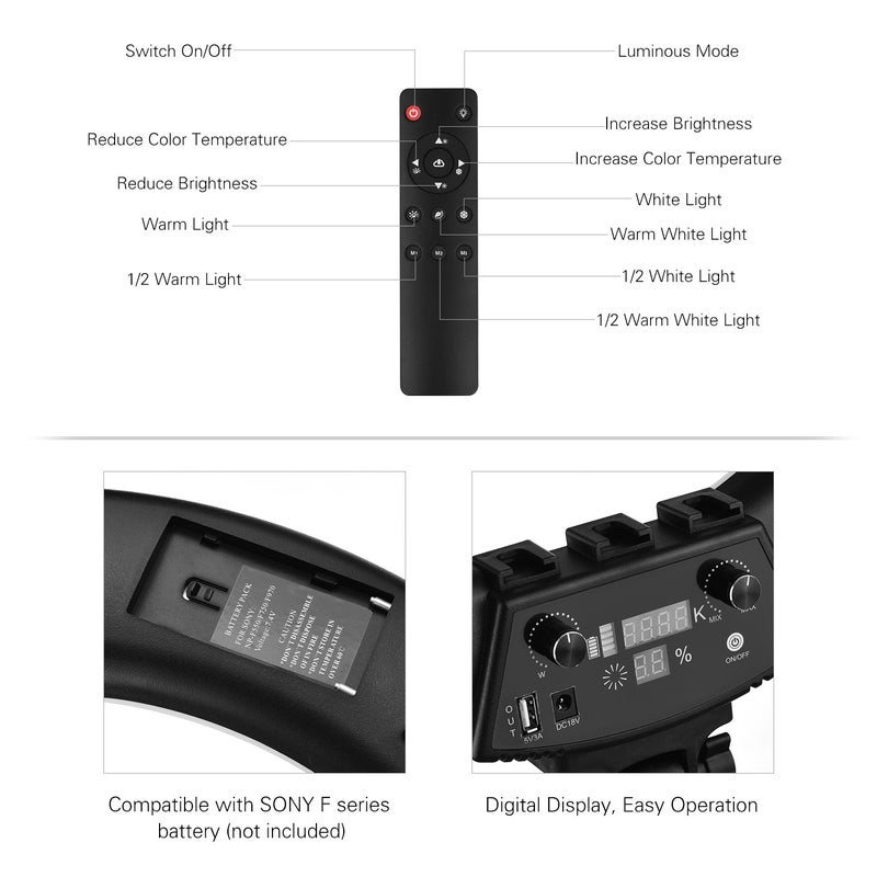 حلقة إضاءة LED قابلة للتعديل للسطوع أسود - Image 4