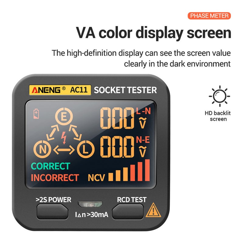 Multifunctional Electrical Electroscope RCD NCV Electric AC11 Socket Tester Circuit Polarity Detector Plug Black 12.50x7.00x7.50cm  - Image 3