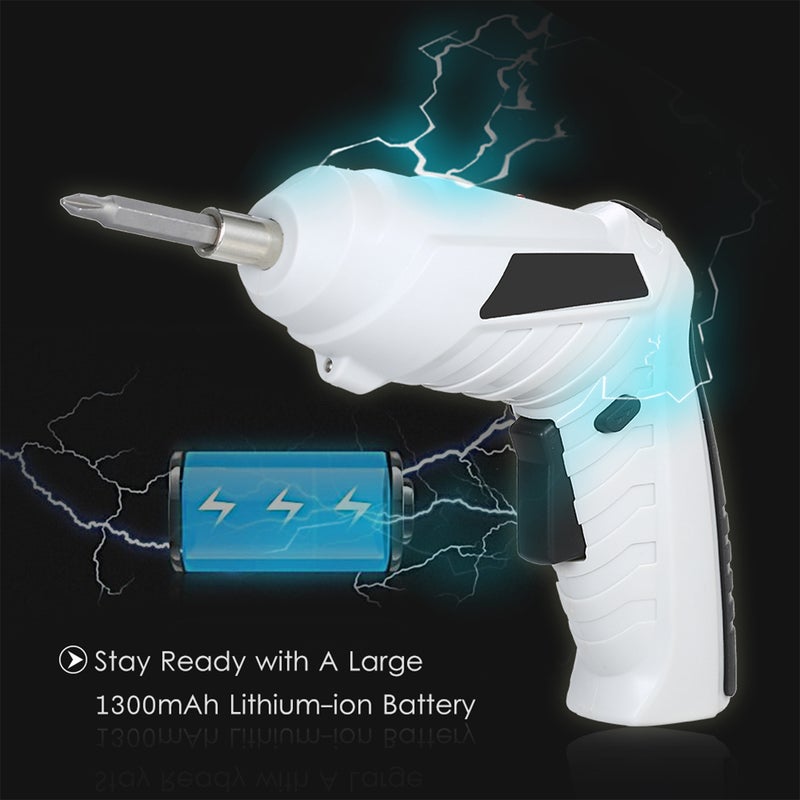 ماركة غير محددة - مفك براغي كهربائي لاسلكي قابل لإعادة الشحن بمنفذ USB سعة 1300 مللي أمبير في الساعة قابل للتعديل بوضعين أبيض 20.00x5.00x16.00سم - Image 1