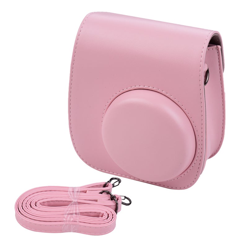 Portable Instant Camera Case Bag Holder PU Leather With Shoulder Strap Pink  - Image 1