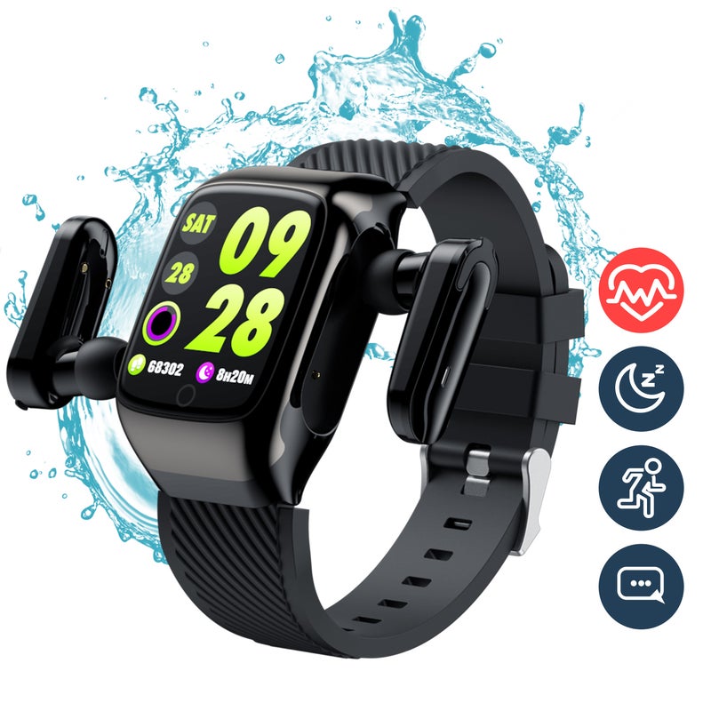 Generic - 2-in-1 Wireless Bluetooth 5.0 Headphones Pedometer Calorie Counter Activity Tracker Smart Watch Black - Image 1
