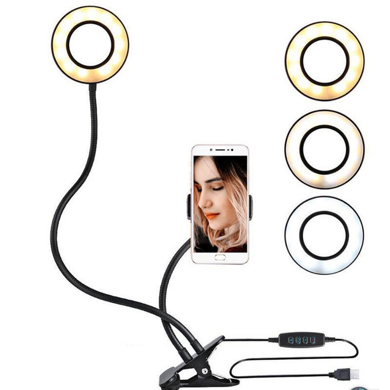 docooler USB Interface Dimmable LED Selfie Round Light Phone Photography Video Makeup Lamp Black  - Image 1