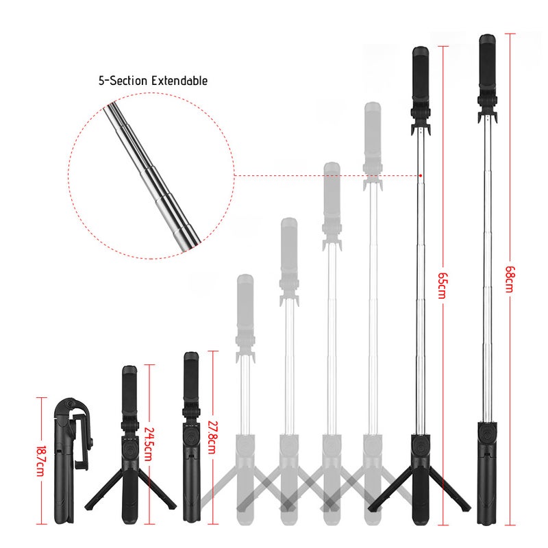 Generic - 5-Section Extendable Tripod Selfie Stick With Remote Control Black - Image 1