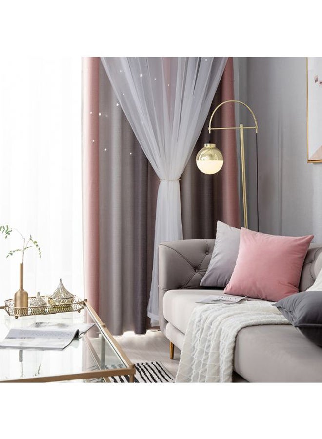 2-Piece Dual Layer Stars Textured Window Curtain Set Grey/Pink 95x53inch - Image 2