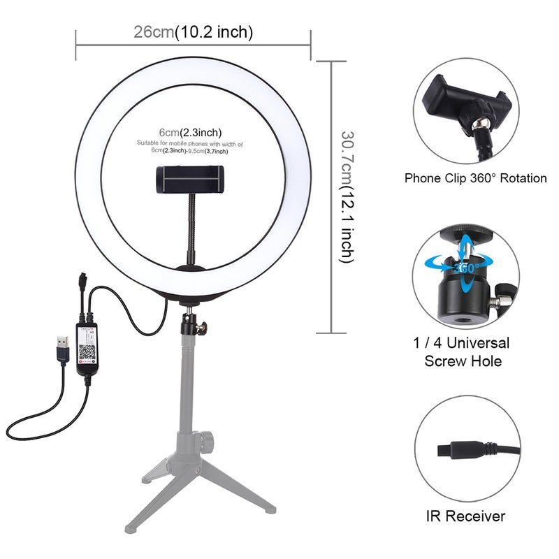 PULUZ 10.2" RGBW Dimmable Led Fill Light Selfie Light Photography Lamp With Mobile Phone Clamp White/Black  - Image 2