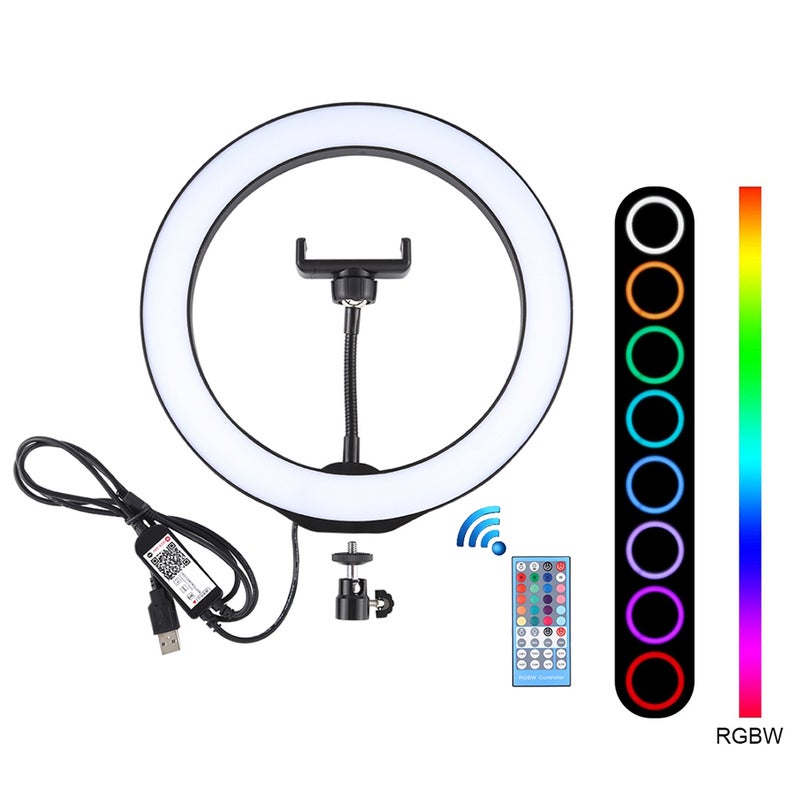 PULUZ 10.2" RGBW Dimmable Led Fill Light Selfie Light Photography Lamp With Mobile Phone Clamp White/Black  - Image 1