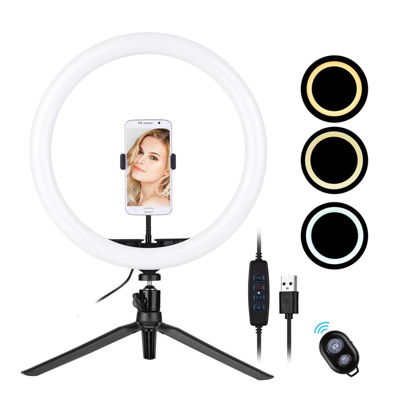 3 Colors LED Ring Light With Tripod Phone Clamp Holder Black/White - Image 1