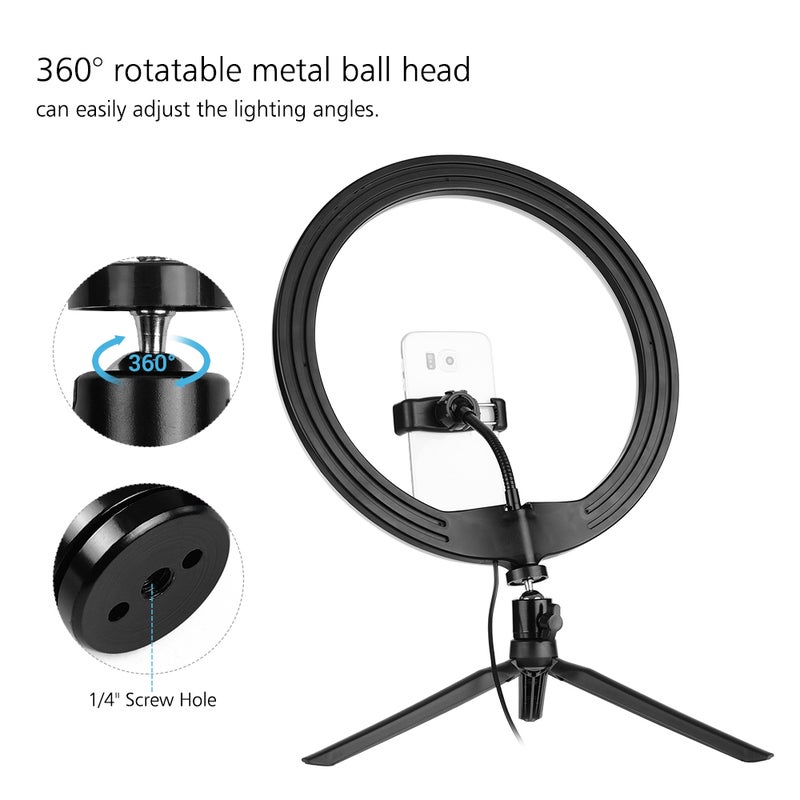 3 Colors LED Ring Light With Tripod Phone Clamp Holder Black/White - Image 5