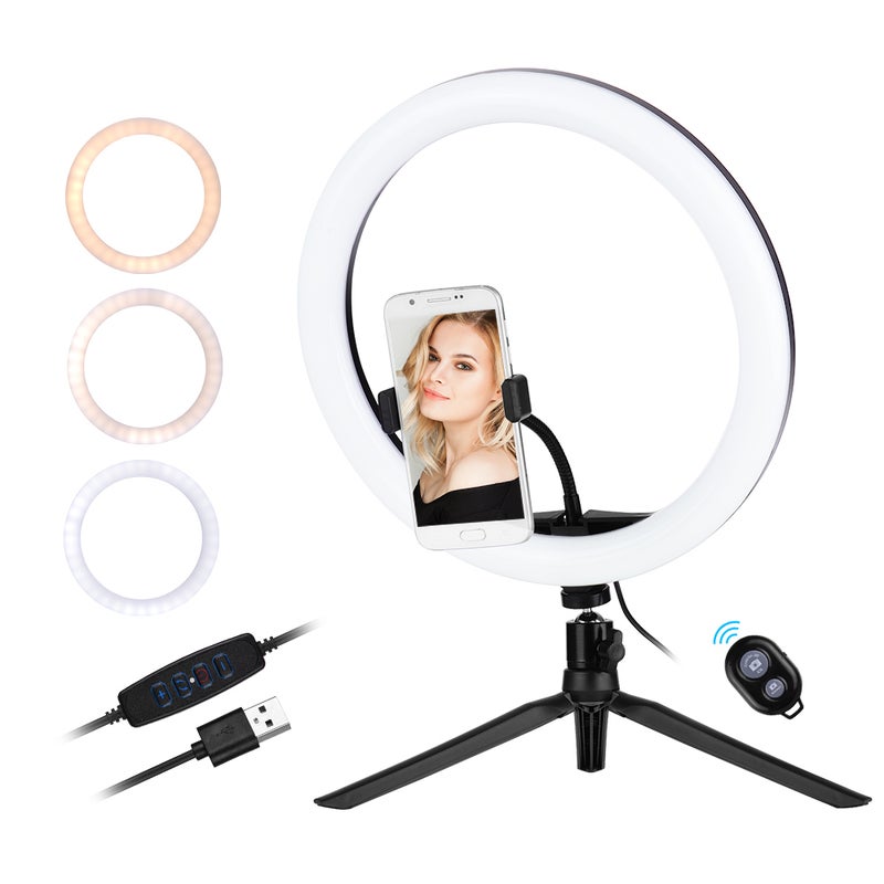 3 Colors LED Ring Light With Tripod Phone Clamp Holder Black/White - Image 3