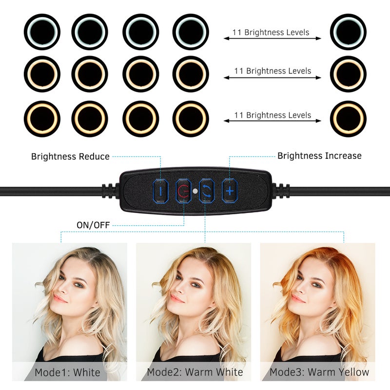 3 Colors LED Ring Light With Tripod Phone Clamp Holder Black/White - Image 4