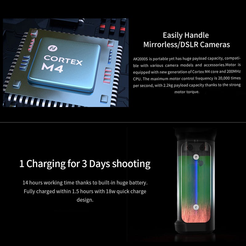 AK2000S 3-Axis Handheld Gimbal Stabilizer Lightweight Portable Torsion Brushless Vlog Gimbal with LCD Touchpanel Multicolour