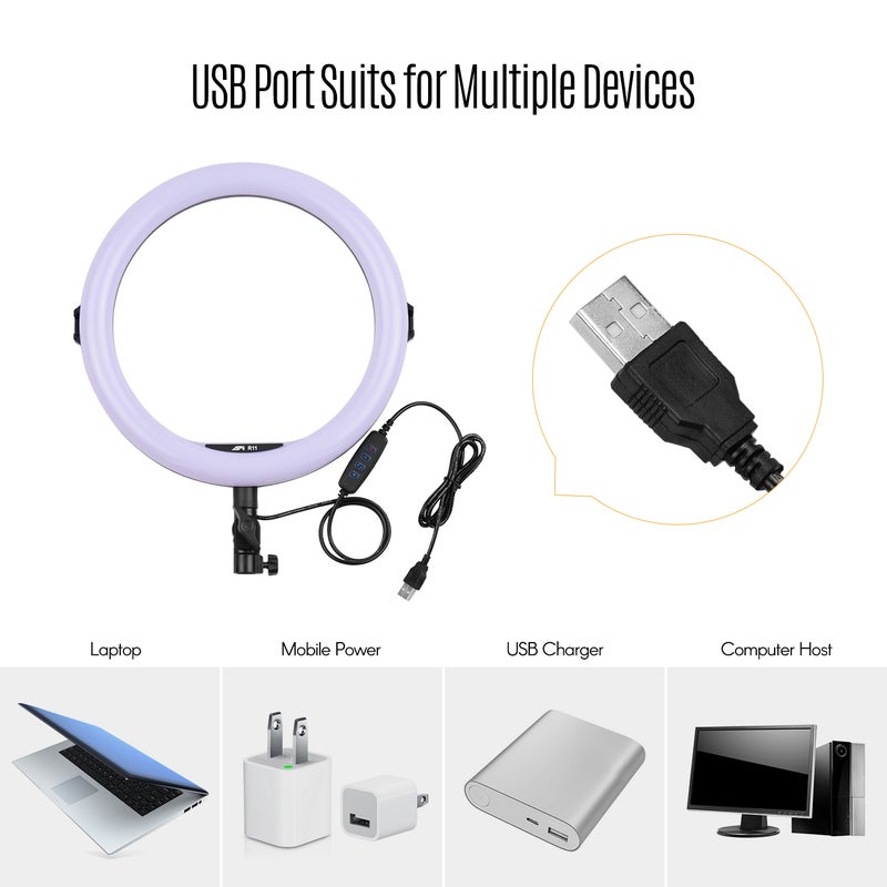 11 Inch Phone Holder 3 Color Temperature Modes USB Powered Photography Light White - Image 2