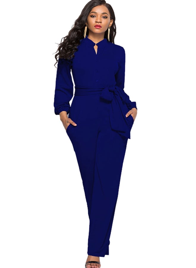 Generic - Solid Long Sleeve Slim Belted Jumpsuit Dark Blue - Image 1