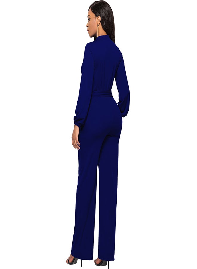 Generic - Solid Long Sleeve Slim Belted Jumpsuit Dark Blue - Image 1