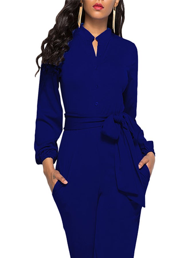Generic - Solid Long Sleeve Slim Belted Jumpsuit Dark Blue - Image 1