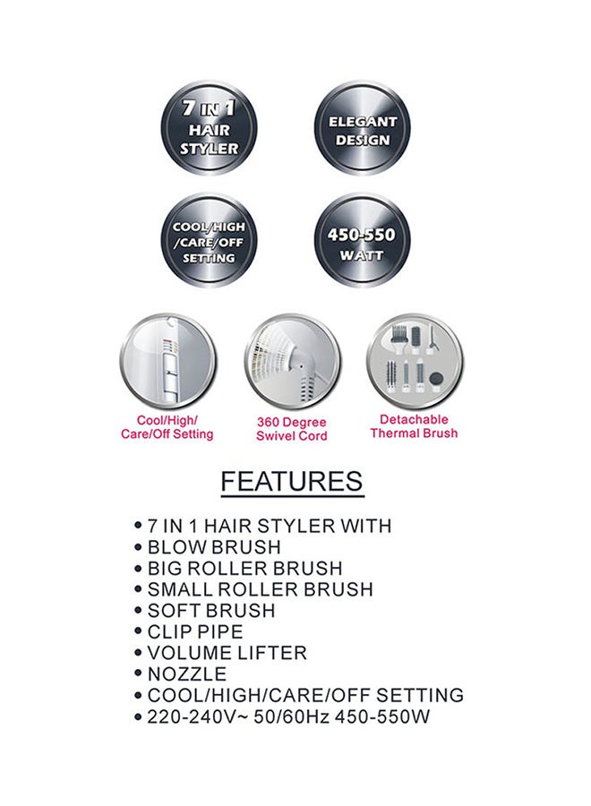 SONASHI - 7-in-1 Hair Styler 550W with Detachable Brushes | Cool/High/Care/Off Setting | Featured with 360°C Swivel Cord And Overheat Protection | Elegant Design with Salon-quality Results White/Grey - Image 1