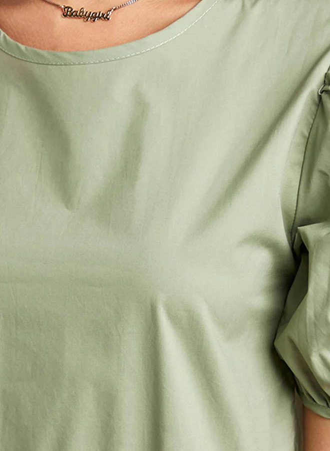 Closet By Styli Pleated Detail Midi Dress With Puff Sleeves Green