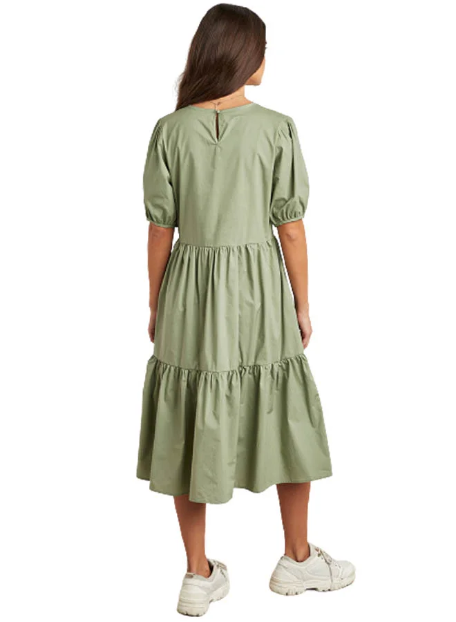 Closet By Styli Pleated Detail Midi Dress With Puff Sleeves Green