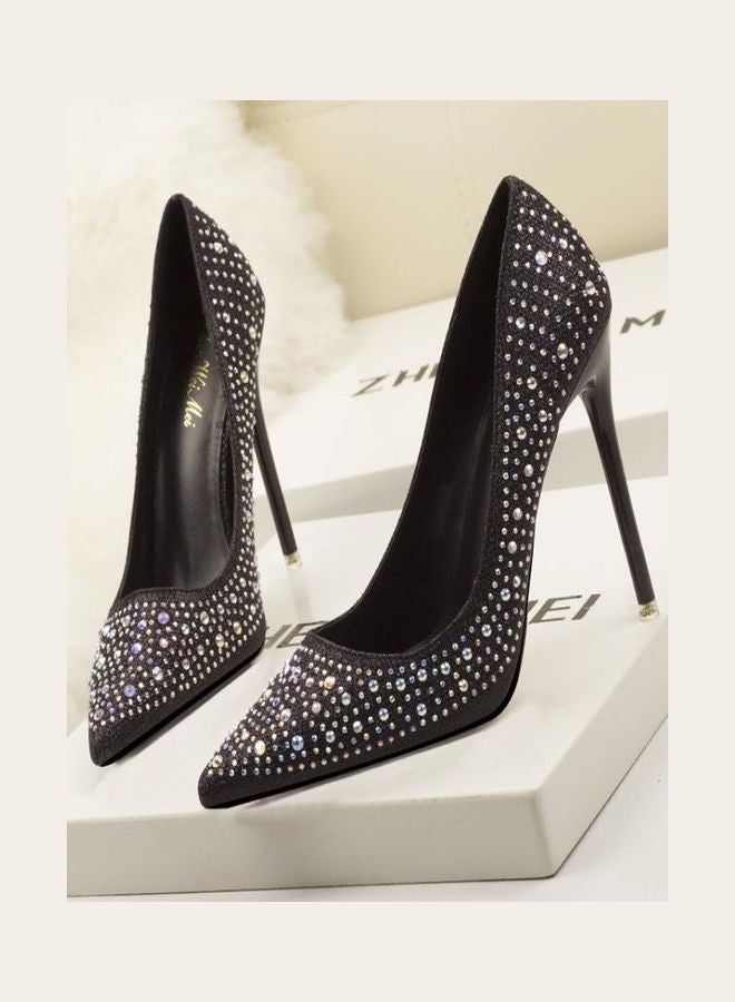 High Heeled Pointed Toe Rhinestone Decor Fashion Pumps Black 