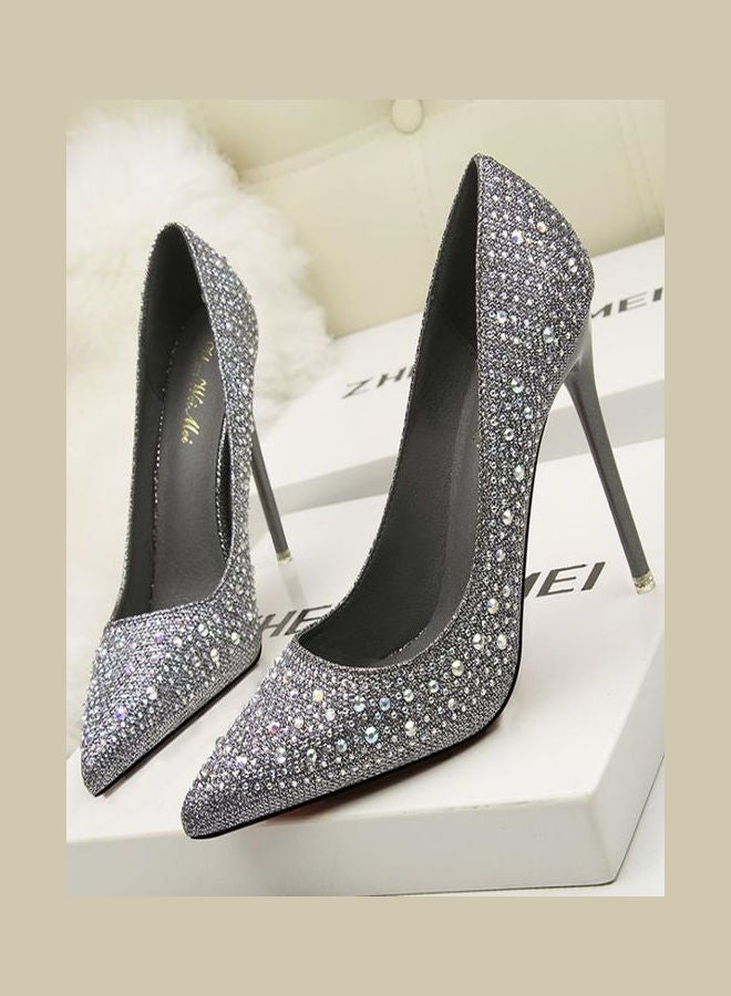 High Heeled Pointed Toe Rhinestone Decor Fashion Pumps Grey 